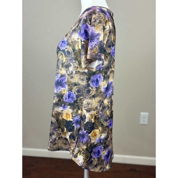NEW LuLaRoe Womens Knit Tunic Top S Short Sleeve Purple Yellow Floral Scoop Neck - Picture 3 of 8